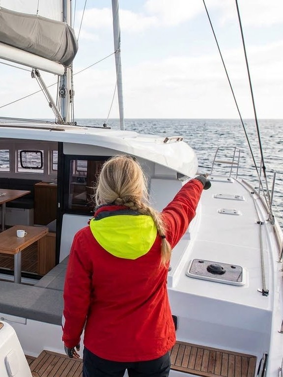 A sailor steering and pointing ahead from a sailing catamaran